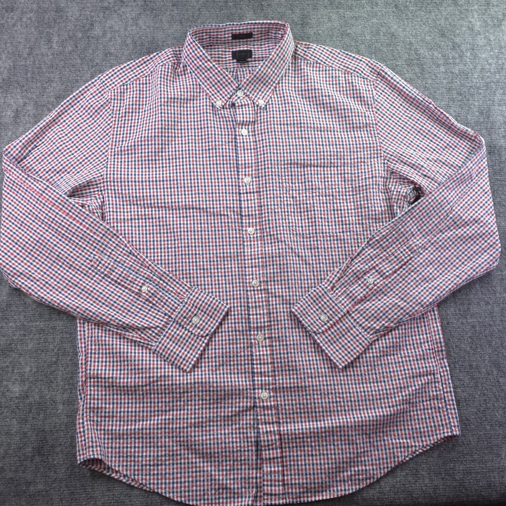 J Crew Shirt XL Slim Fit Red Blue‎ Check Long Sleeve Button Down Seersucker